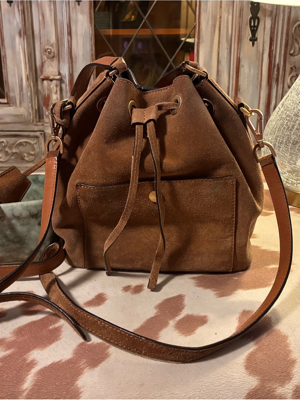 Michael Kors Brown Suede Drawstring Bucket Crossbody Bag